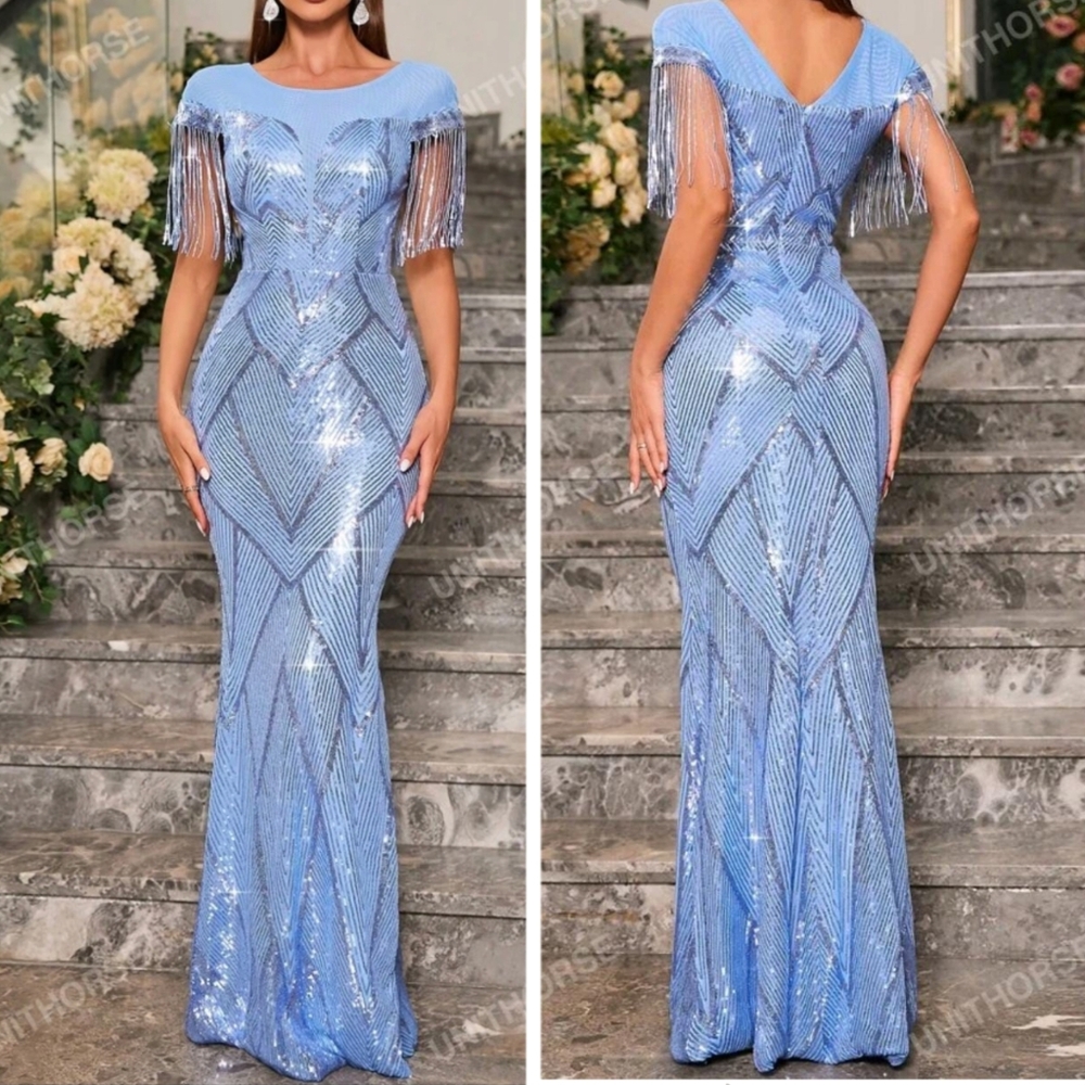 Blue Mermaid Formal Maxi Floor Length Sequin Fringe Trim Hem Gown Dress Sz S